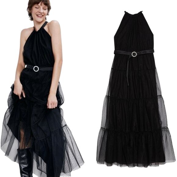 Zara Tulle Tiered Swiss Dot Gown Maxi Holiday Dress Black Belted Witchy Small - Picture 5 of 11